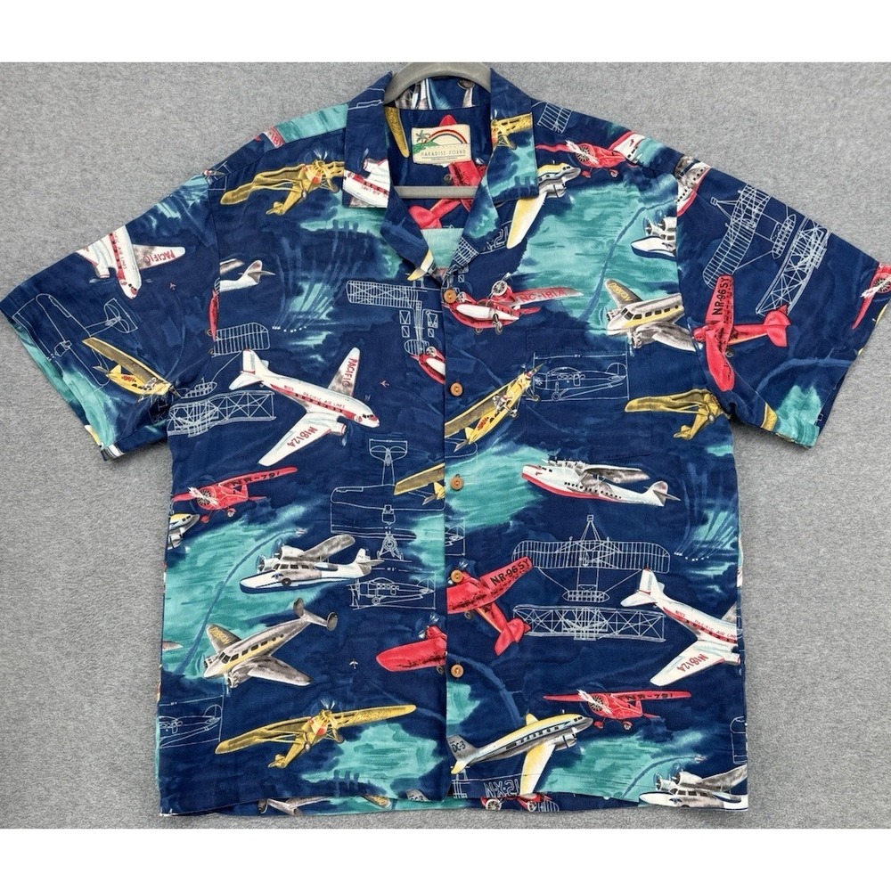 Vintage Hawaiian Airplane Shirt‎ Aircraft Print Button Up Short Sleeve
